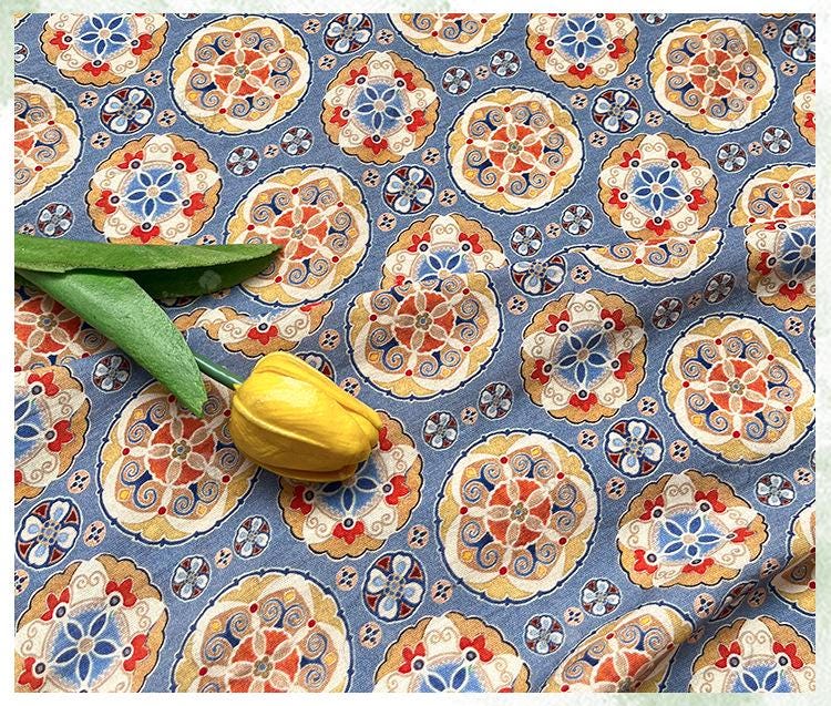 Blue Ornamental Medallion Print Cotton Fabric, Baoxiang Floral Textile for Dresses, Quilting, Bags, Crafts and Sewing (59 inch)