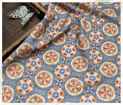 Blue Ornamental Medallion Print Cotton Fabric, Baoxiang Floral Textile for Dresses, Quilting, Bags, Crafts and Sewing (59 inch)