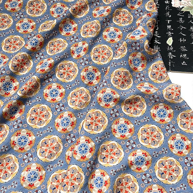 Blue Ornamental Medallion Print Cotton Fabric, Baoxiang Floral Textile for Dresses, Quilting, Bags, Crafts and Sewing (59 inch)