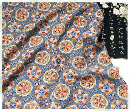 Blue Ornamental Medallion Print Cotton Fabric, Baoxiang Floral Textile for Dresses, Quilting, Bags, Crafts and Sewing (59 inch)