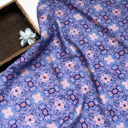 Blue Pink Geometric Floral Print Cotton Fabric, Ornamental Botanical Textile for Dresses, Quilting, Bags, Crafts and Sewing (59 inch)