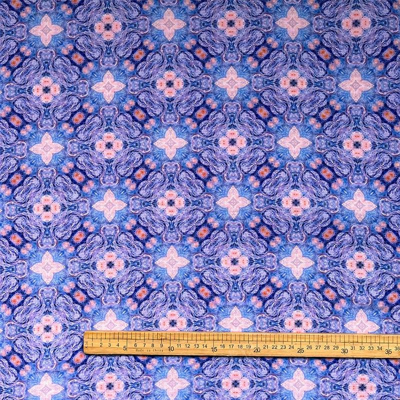 Blue Pink Geometric Floral Print Cotton Fabric, Ornamental Botanical Textile for Dresses, Quilting, Bags, Crafts and Sewing (59 inch)