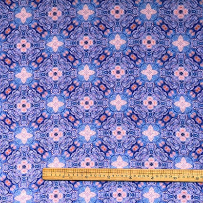 Blue Pink Geometric Floral Print Cotton Fabric, Ornamental Botanical Textile for Dresses, Quilting, Bags, Crafts and Sewing (59 inch)