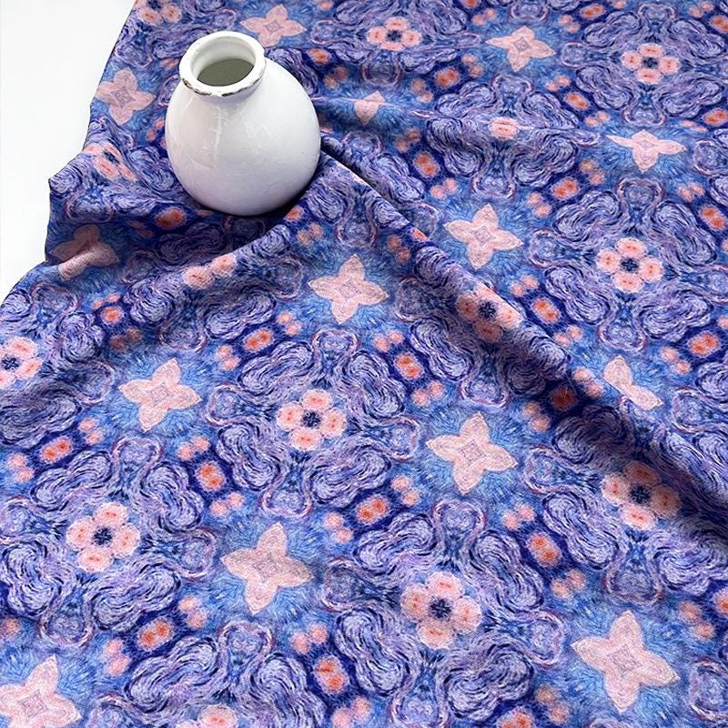 Blue Pink Geometric Floral Print Cotton Fabric, Ornamental Botanical Textile for Dresses, Quilting, Bags, Crafts and Sewing (59 inch)