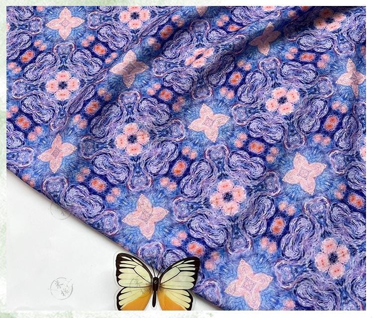 Blue Pink Geometric Floral Print Cotton Fabric, Ornamental Botanical Textile for Dresses, Quilting, Bags, Crafts and Sewing (59 inch)