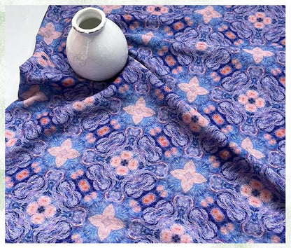 Blue Pink Geometric Floral Print Cotton Fabric, Ornamental Botanical Textile for Dresses, Quilting, Bags, Crafts and Sewing (59 inch)