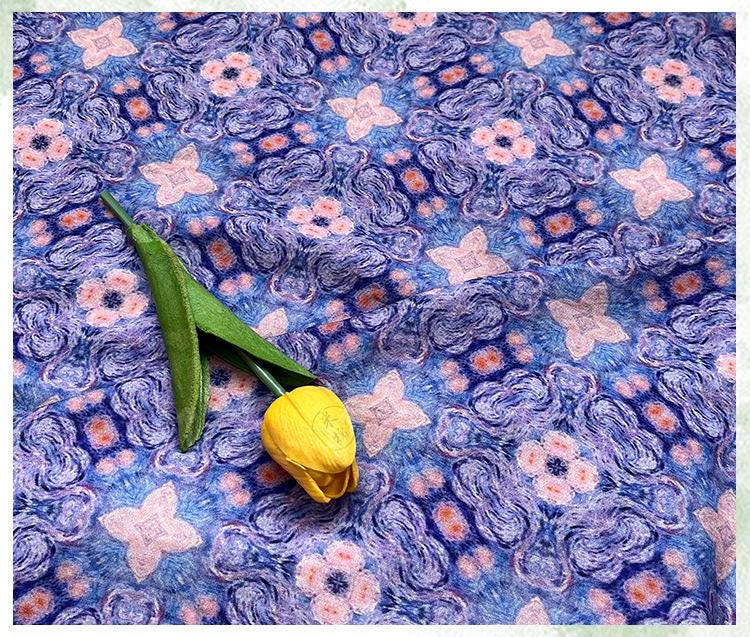 Blue Pink Geometric Floral Print Cotton Fabric, Ornamental Botanical Textile for Dresses, Quilting, Bags, Crafts and Sewing (59 inch)