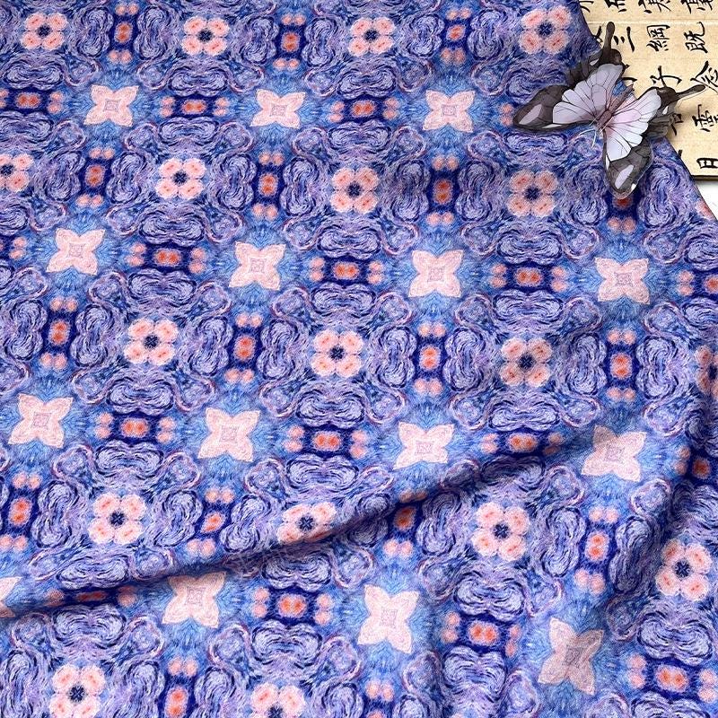 Blue Pink Geometric Floral Print Cotton Fabric, Ornamental Botanical Textile for Dresses, Quilting, Bags, Crafts and Sewing (59 inch)