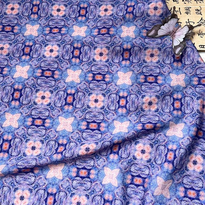 Blue Pink Geometric Floral Print Cotton Fabric, Ornamental Botanical Textile for Dresses, Quilting, Bags, Crafts and Sewing (59 inch)
