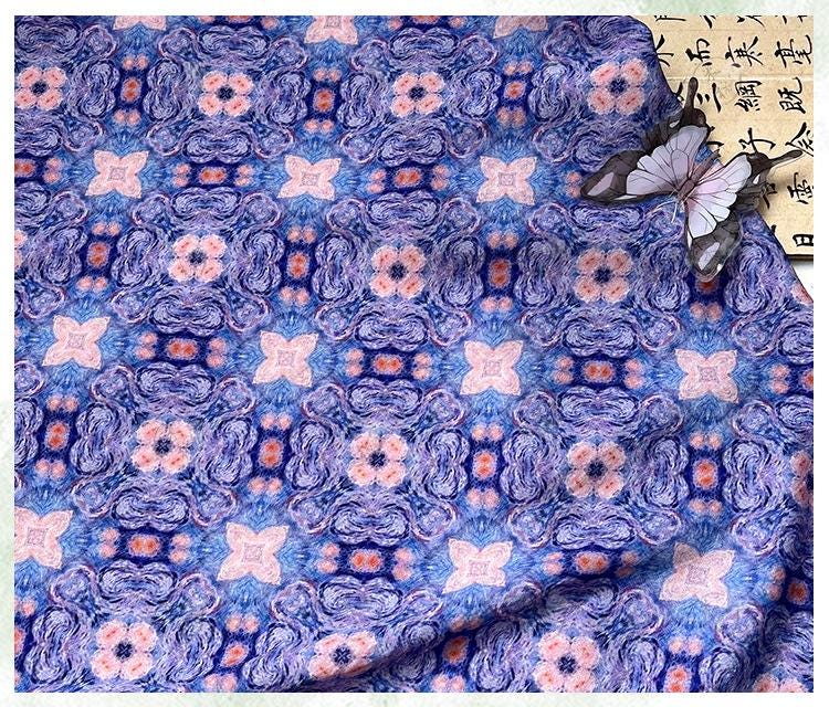 Blue Pink Geometric Floral Print Cotton Fabric, Ornamental Botanical Textile for Dresses, Quilting, Bags, Crafts and Sewing (59 inch)