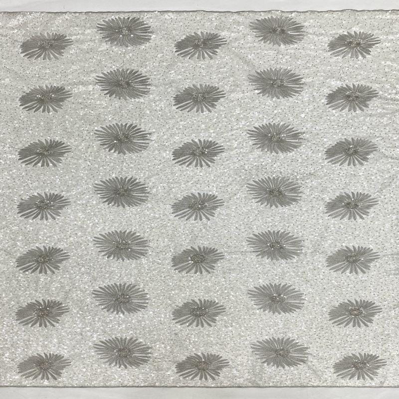 Daisy Beaded Sequin Embroidered Mesh Fabric, Sparkling Floral Textile for Evening Gowns, Dresses, Kidswear, Shoes, Bags and Hats