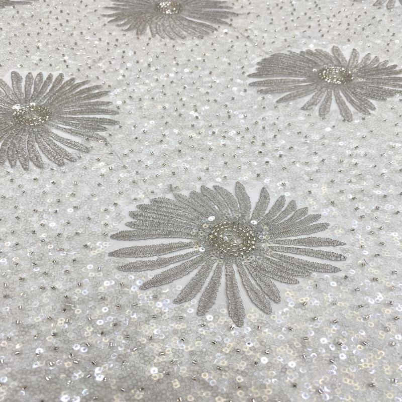 Daisy Beaded Sequin Embroidered Mesh Fabric, Sparkling Floral Textile for Evening Gowns, Dresses, Kidswear, Shoes, Bags and Hats
