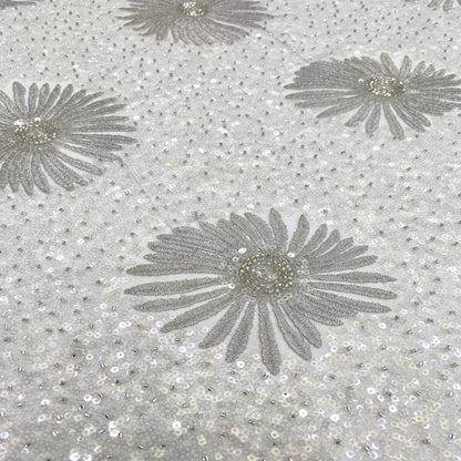 Daisy Beaded Sequin Embroidered Mesh Fabric, Sparkling Floral Textile for Evening Gowns, Dresses, Kidswear, Shoes, Bags and Hats