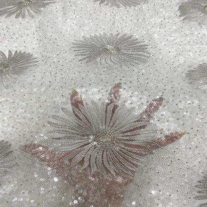 Daisy Beaded Sequin Embroidered Mesh Fabric, Sparkling Floral Textile for Evening Gowns, Dresses, Kidswear, Shoes, Bags and Hats