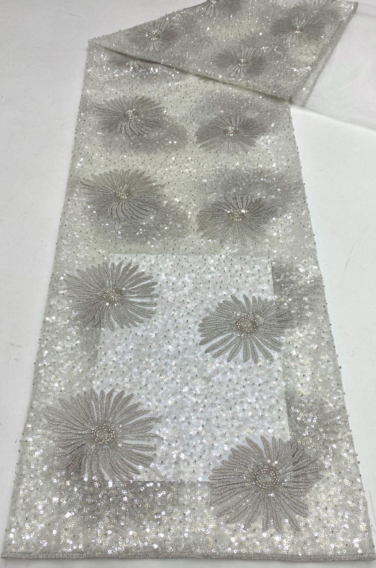 Daisy Beaded Sequin Embroidered Mesh Fabric, Sparkling Floral Textile for Evening Gowns, Dresses, Kidswear, Shoes, Bags and Hats