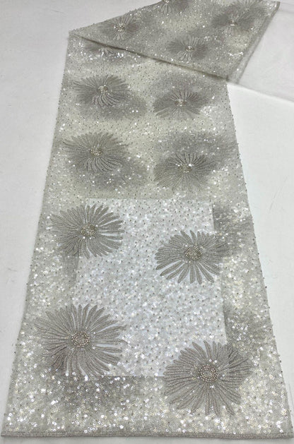 Daisy Beaded Sequin Embroidered Mesh Fabric, Sparkling Floral Textile for Evening Gowns, Dresses, Kidswear, Shoes, Bags and Hats