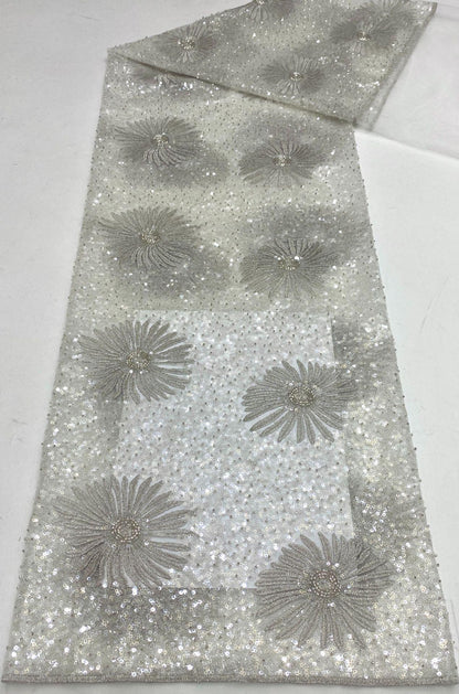 Daisy Beaded Sequin Embroidered Mesh Fabric, Sparkling Floral Textile for Evening Gowns, Dresses, Kidswear, Shoes, Bags and Hats