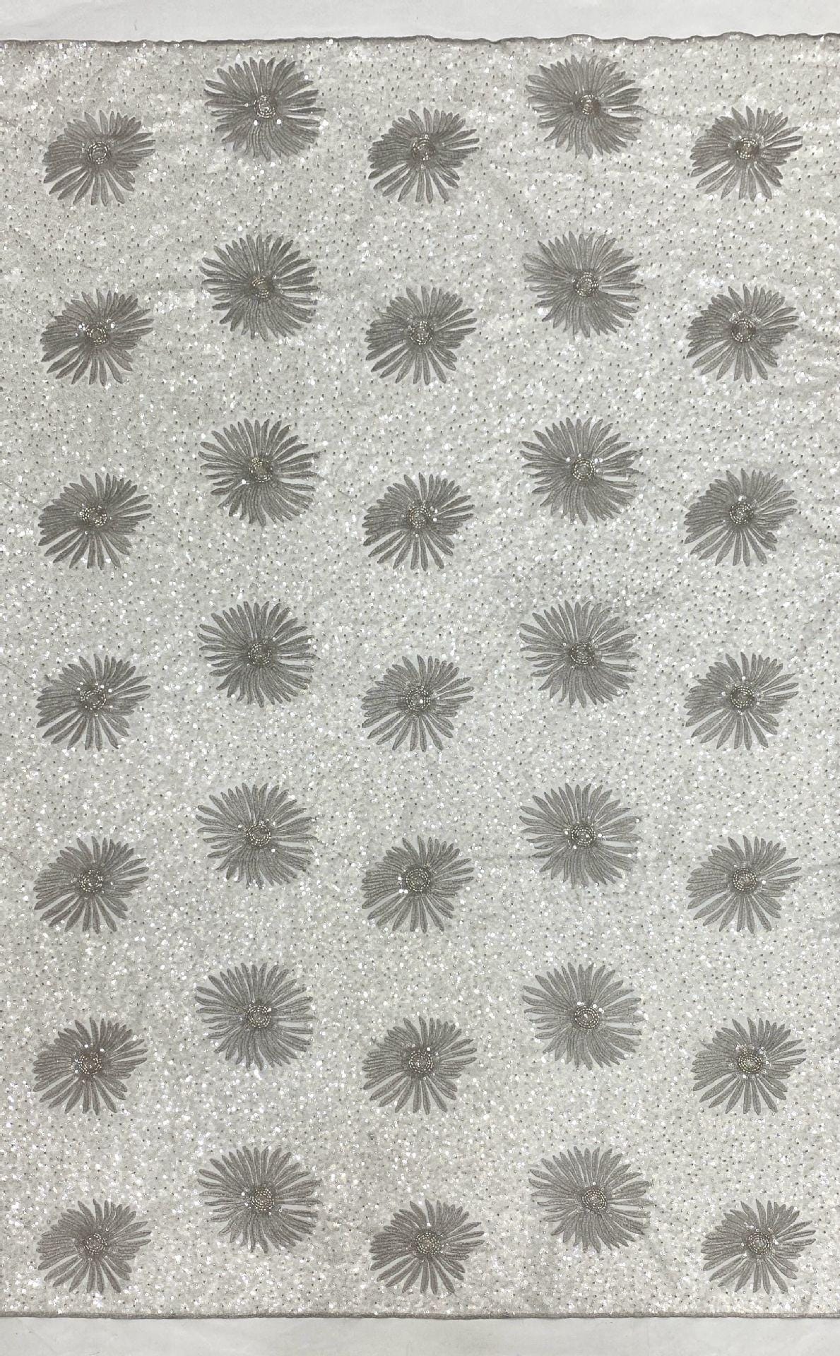 Daisy Beaded Sequin Embroidered Mesh Fabric, Sparkling Floral Textile for Evening Gowns, Dresses, Kidswear, Shoes, Bags and Hats