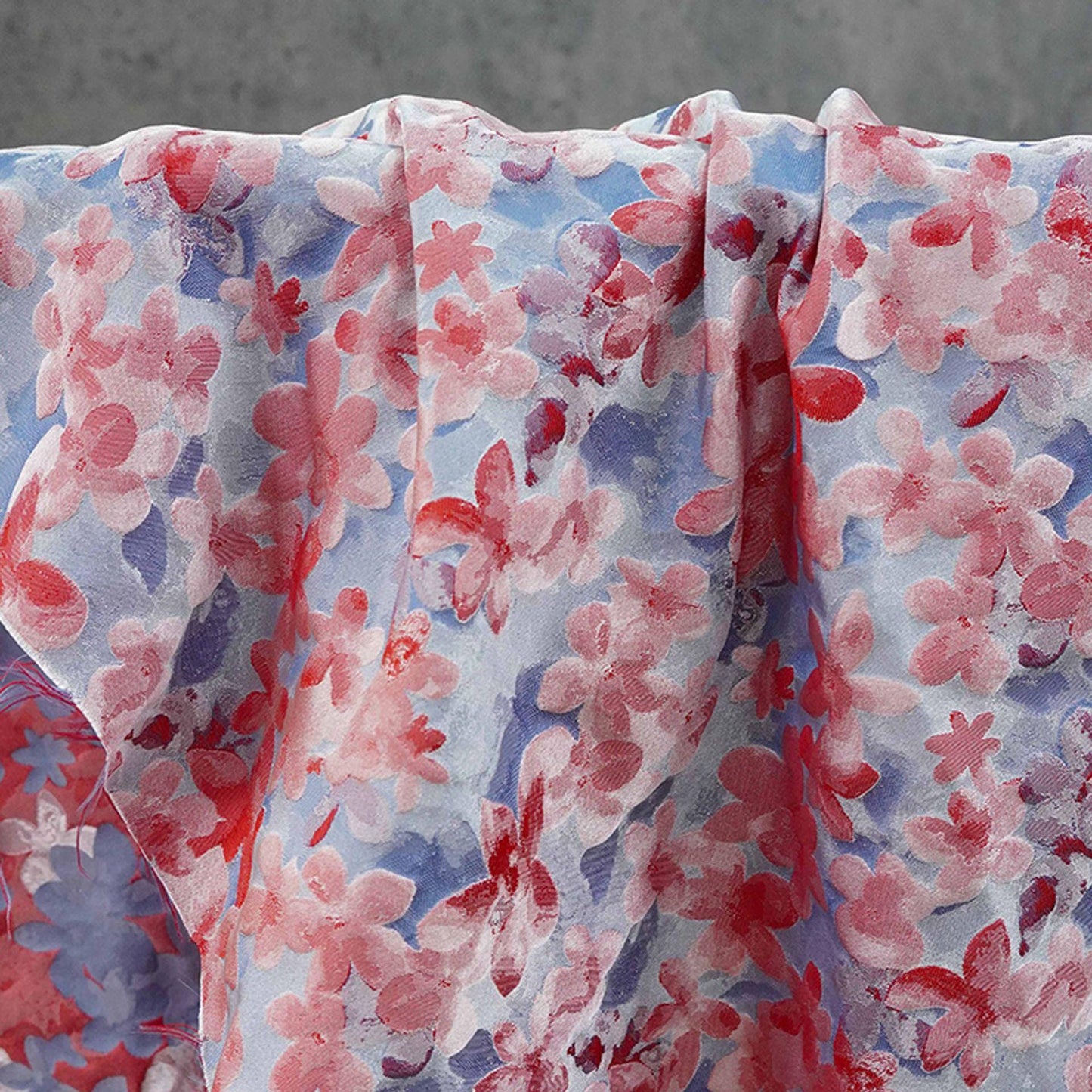 Blue Pink 3D Embossed Floral Yarn-Dyed Fabric, Soft Pastel Textured Textile for Dresses, Skirts, Jackets, Bags and Sewing - 62" Wide