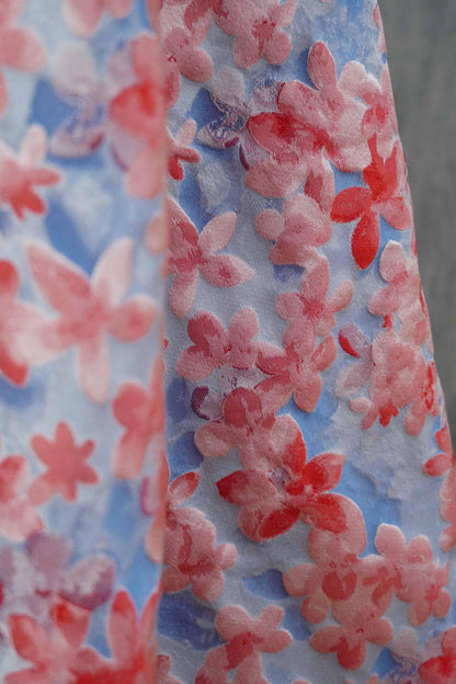 Blue Pink 3D Embossed Floral Yarn-Dyed Fabric, Soft Pastel Textured Textile for Dresses, Skirts, Jackets, Bags and Sewing - 62" Wide