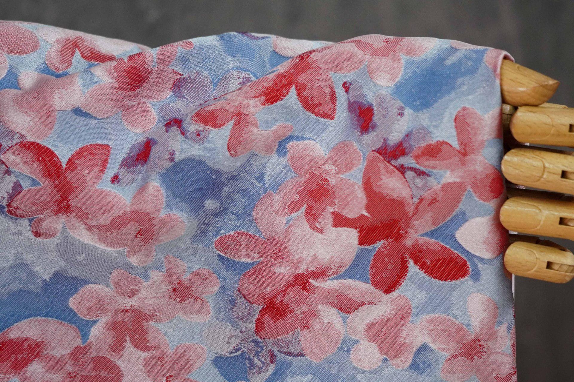 Blue Pink 3D Embossed Floral Yarn-Dyed Fabric, Soft Pastel Textured Textile for Dresses, Skirts, Jackets, Bags and Sewing - 62" Wide