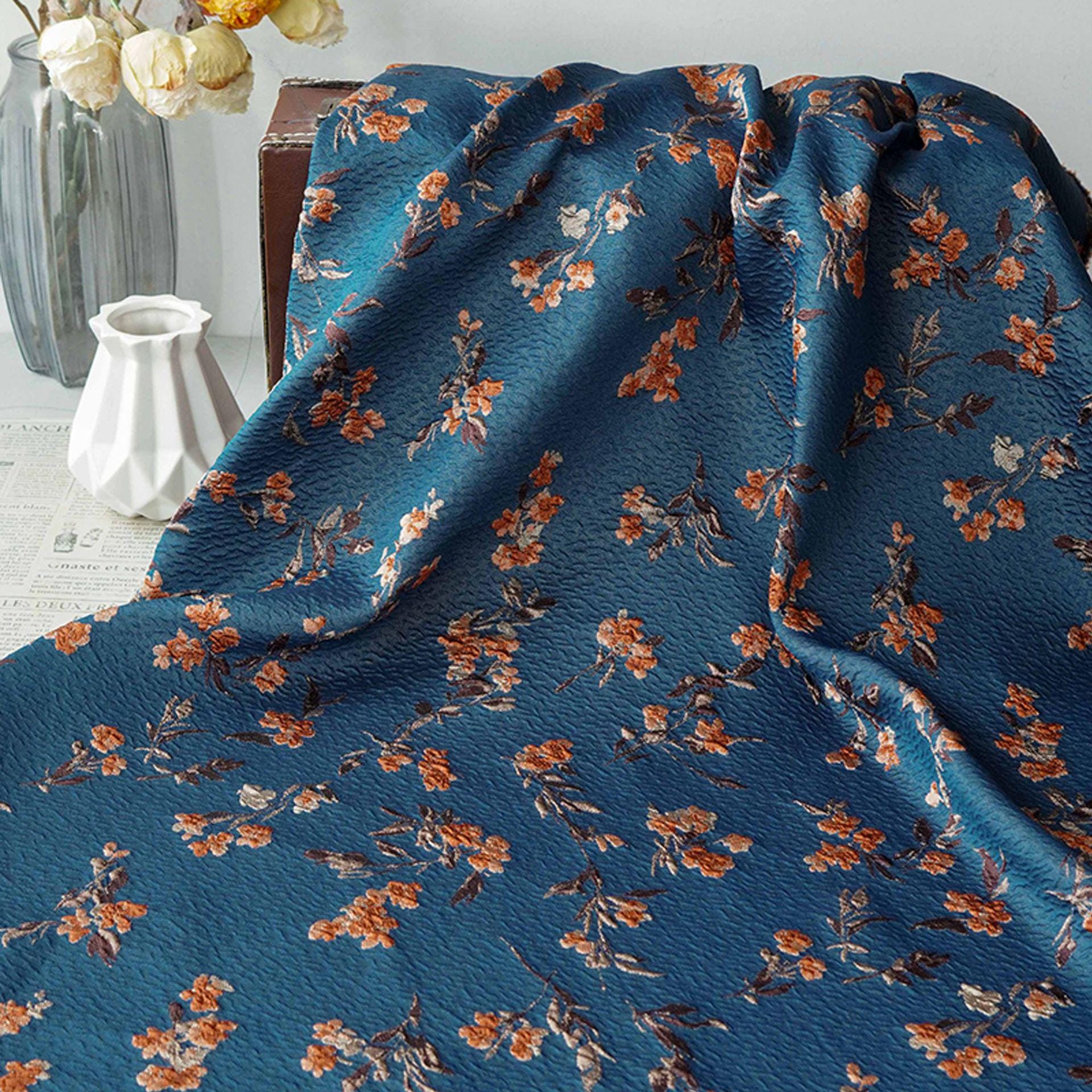 Teal 3D Embossed Small Floral Yarn-Dyed Fabric, Textured Woven Textile for Dresses, Jackets, Skirts, Bags and Sewing, 55" Wide