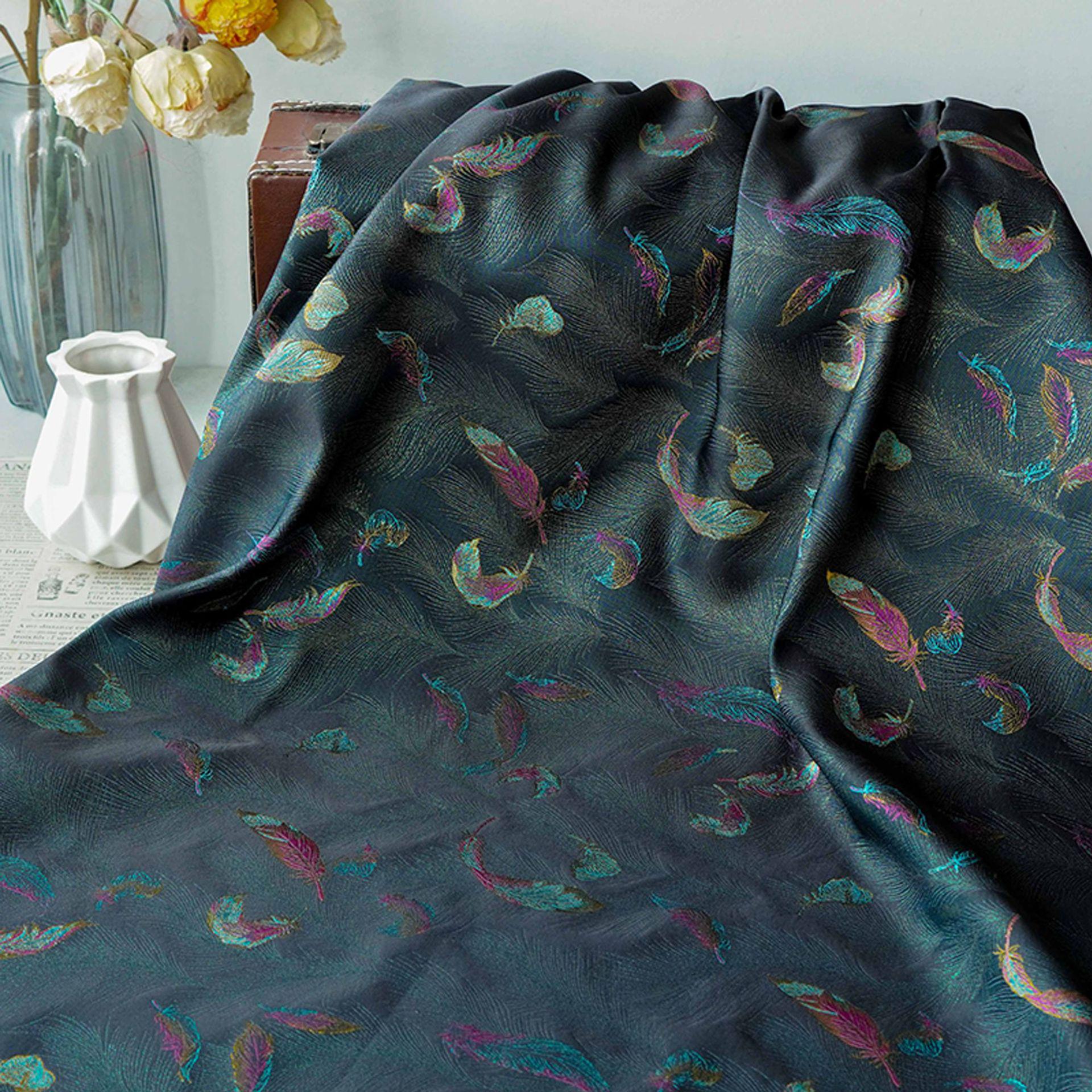 Iridescent Feather Song Brocade Fabric, Gold Thread Jacquard Textile, Dark Teal Woven Fabric for Qipao, Hanfu, Dresses and Sewing, 60"Wide