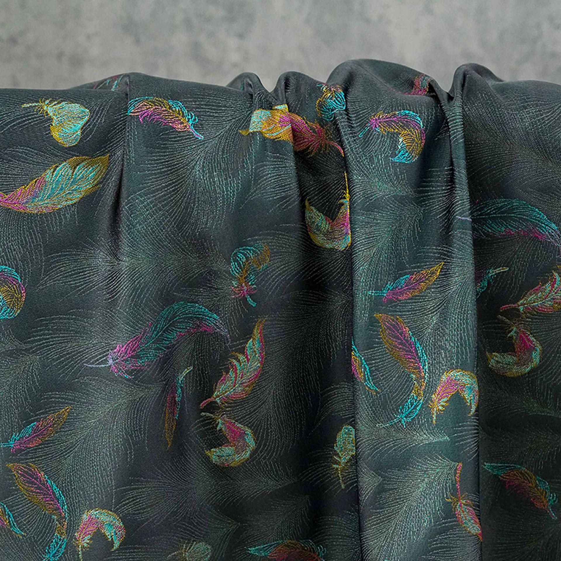 Iridescent Feather Song Brocade Fabric, Gold Thread Jacquard Textile, Dark Teal Woven Fabric for Qipao, Hanfu, Dresses and Sewing, 60"Wide