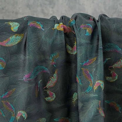 Iridescent Feather Song Brocade Fabric, Gold Thread Jacquard Textile, Dark Teal Woven Fabric for Qipao, Hanfu, Dresses and Sewing, 60"Wide