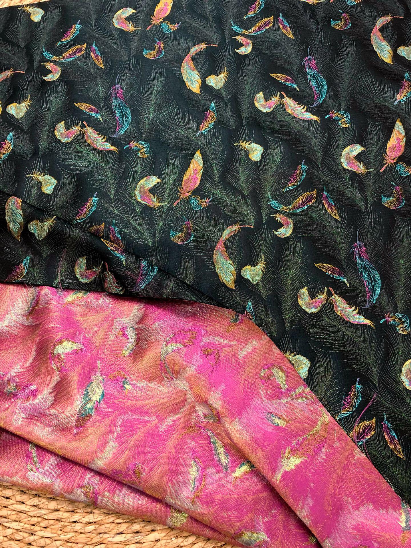 Iridescent Feather Song Brocade Fabric, Gold Thread Jacquard Textile, Dark Teal Woven Fabric for Qipao, Hanfu, Dresses and Sewing, 60"Wide