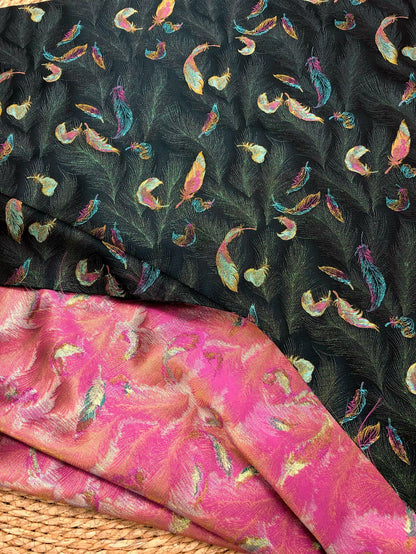 Iridescent Feather Song Brocade Fabric, Gold Thread Jacquard Textile, Dark Teal Woven Fabric for Qipao, Hanfu, Dresses and Sewing, 60"Wide