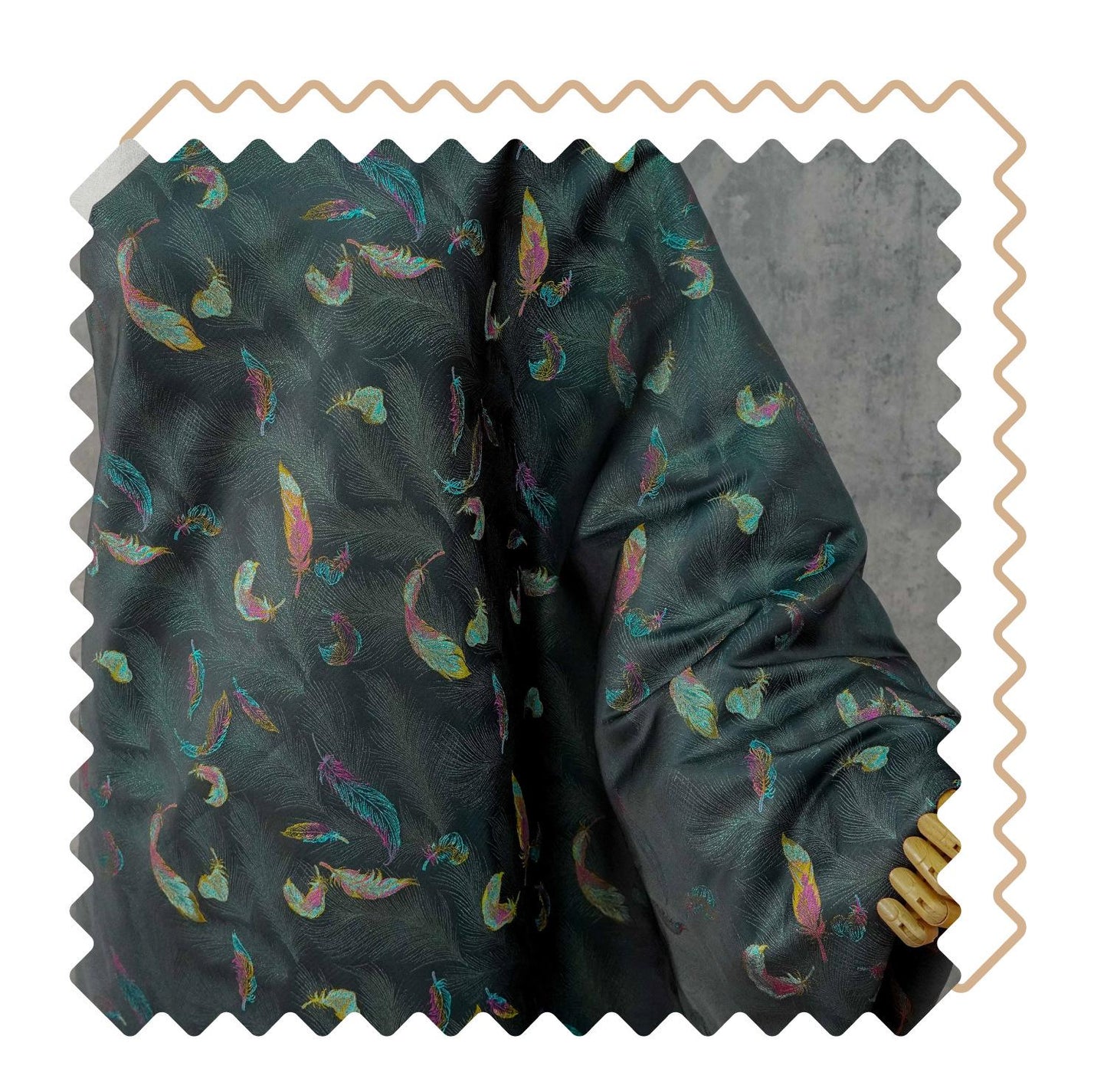 Iridescent Feather Song Brocade Fabric, Gold Thread Jacquard Textile, Dark Teal Woven Fabric for Qipao, Hanfu, Dresses and Sewing, 60"Wide