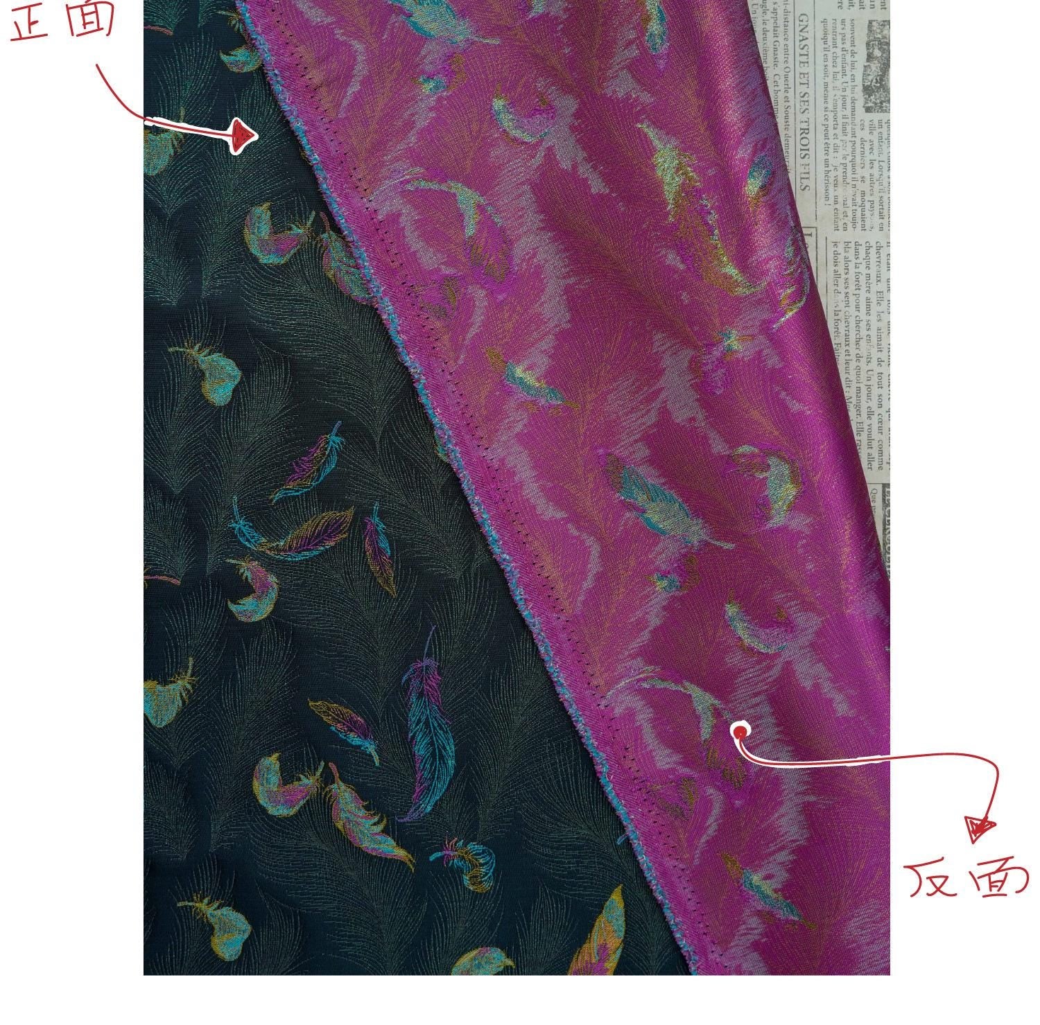 Iridescent Feather Song Brocade Fabric, Gold Thread Jacquard Textile, Dark Teal Woven Fabric for Qipao, Hanfu, Dresses and Sewing, 60"Wide