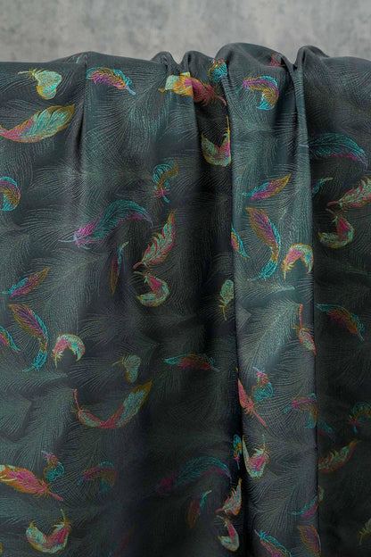 Iridescent Feather Song Brocade Fabric, Gold Thread Jacquard Textile, Dark Teal Woven Fabric for Qipao, Hanfu, Dresses and Sewing, 60"Wide