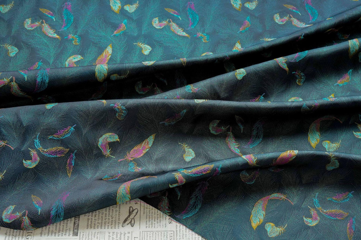 Iridescent Feather Song Brocade Fabric, Gold Thread Jacquard Textile, Dark Teal Woven Fabric for Qipao, Hanfu, Dresses and Sewing, 60"Wide
