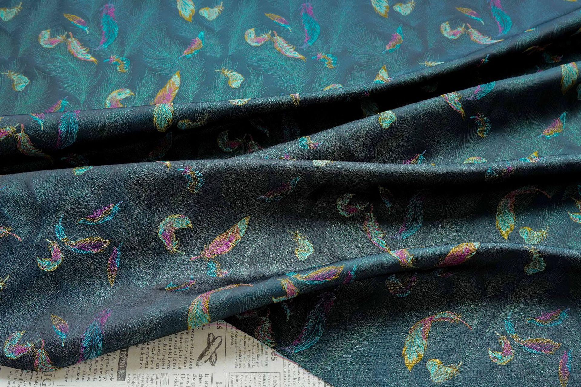 Iridescent Feather Song Brocade Fabric, Gold Thread Jacquard Textile, Dark Teal Woven Fabric for Qipao, Hanfu, Dresses and Sewing, 60"Wide