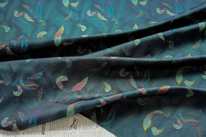 Iridescent Feather Song Brocade Fabric, Gold Thread Jacquard Textile, Dark Teal Woven Fabric for Qipao, Hanfu, Dresses and Sewing, 60"Wide