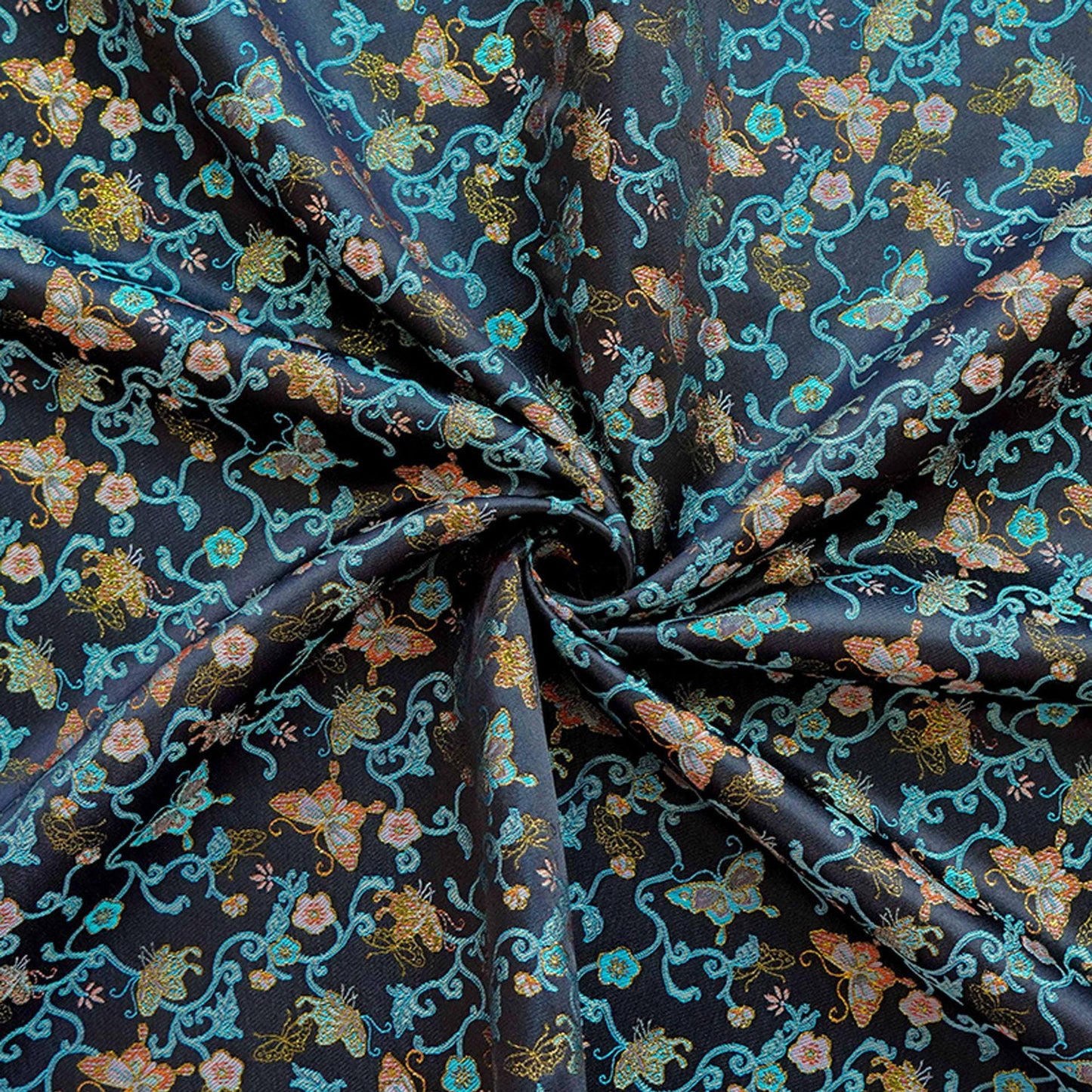 Butterfly Vine Song Brocade Fabric, Gold Thread Jacquard Textile for Qipao, Hanfu, Dresses, Bags and Sewing, 59"Wide
