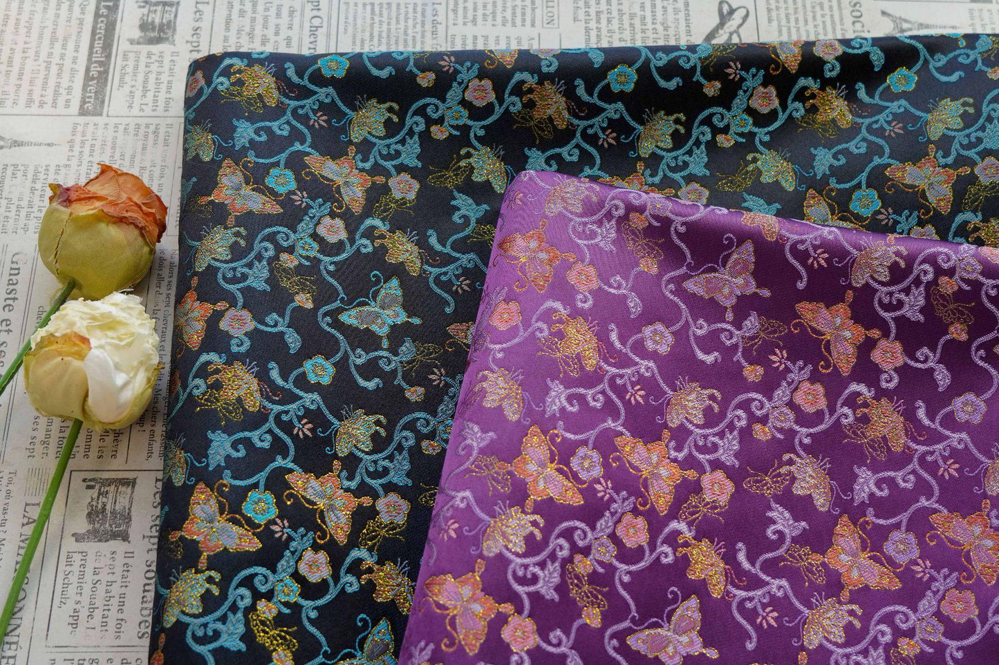 Butterfly Vine Song Brocade Fabric, Gold Thread Jacquard Textile for Qipao, Hanfu, Dresses, Bags and Sewing, 59"Wide