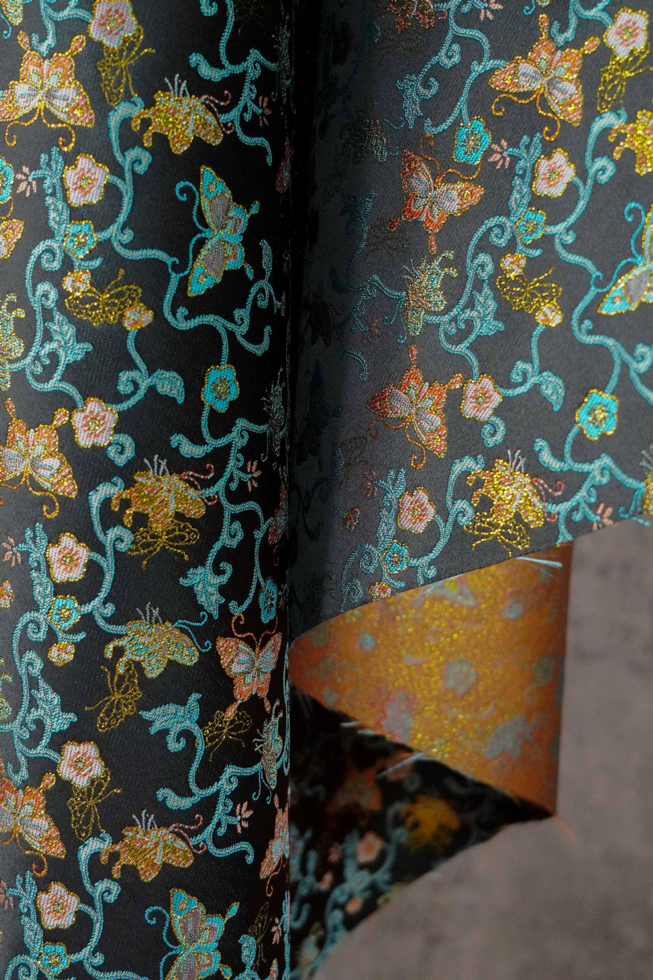 Butterfly Vine Song Brocade Fabric, Gold Thread Jacquard Textile for Qipao, Hanfu, Dresses, Bags and Sewing, 59"Wide