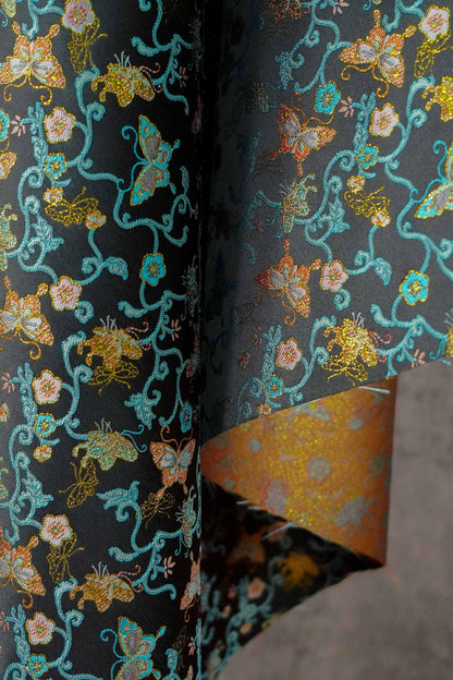 Butterfly Vine Song Brocade Fabric, Gold Thread Jacquard Textile for Qipao, Hanfu, Dresses, Bags and Sewing, 59"Wide