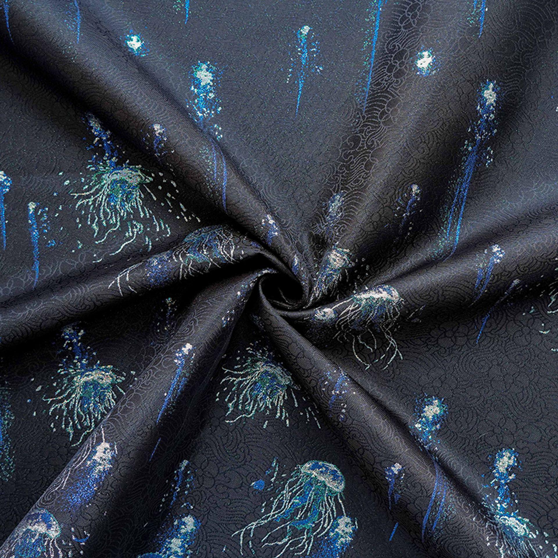 Silver Blue Jellyfish Song Brocade Fabric, Dark Jacquard Textile with Subtle Woven Pattern for Qipao, Hanfu, Dresses and Sewing, 59"Wide