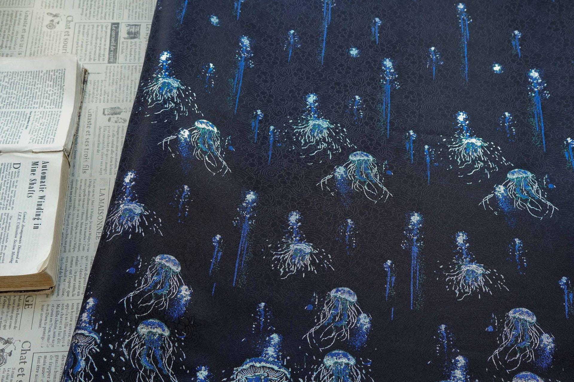 Silver Blue Jellyfish Song Brocade Fabric, Dark Jacquard Textile with Subtle Woven Pattern for Qipao, Hanfu, Dresses and Sewing, 59"Wide