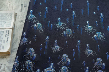 Silver Blue Jellyfish Song Brocade Fabric, Dark Jacquard Textile with Subtle Woven Pattern for Qipao, Hanfu, Dresses and Sewing, 59"Wide