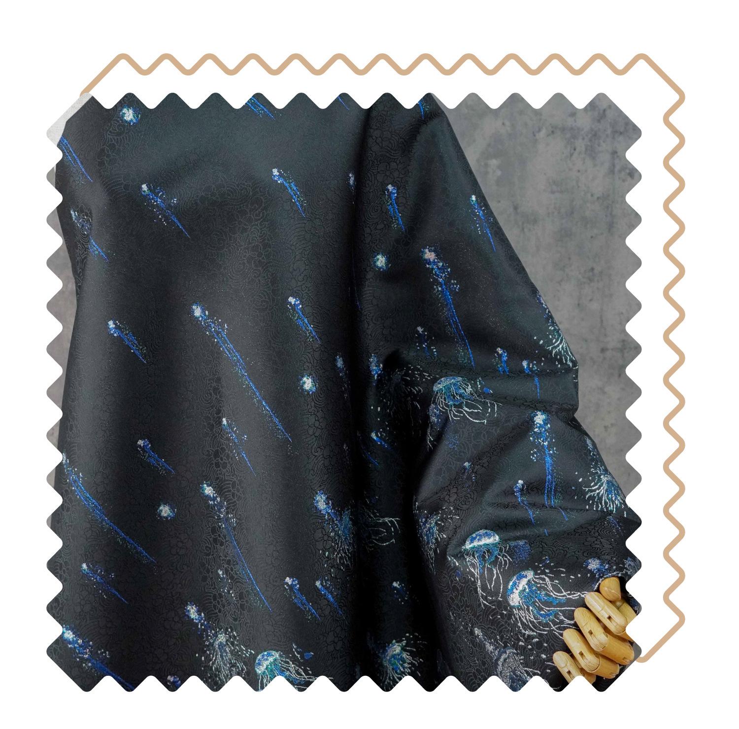 Silver Blue Jellyfish Song Brocade Fabric, Dark Jacquard Textile with Subtle Woven Pattern for Qipao, Hanfu, Dresses and Sewing, 59"Wide