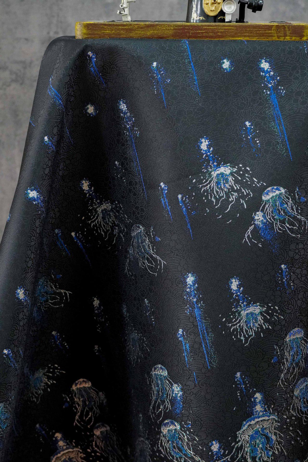 Silver Blue Jellyfish Song Brocade Fabric, Dark Jacquard Textile with Subtle Woven Pattern for Qipao, Hanfu, Dresses and Sewing, 59"Wide