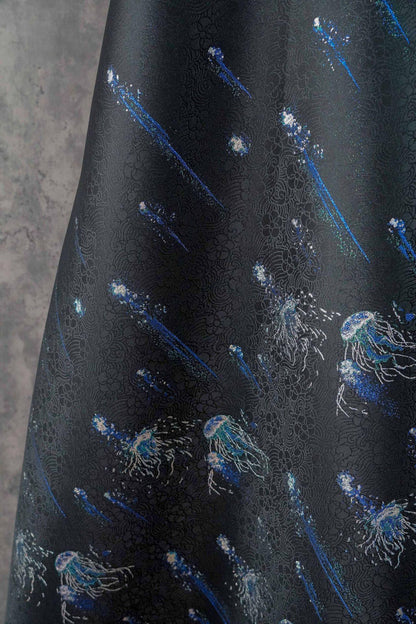 Silver Blue Jellyfish Song Brocade Fabric, Dark Jacquard Textile with Subtle Woven Pattern for Qipao, Hanfu, Dresses and Sewing, 59"Wide