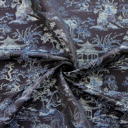 Black Blue Pavilion Landscape Song Brocade Fabric, Yarn-Dyed Jacquard Textile for Qipao, Jackets, Bags, Decor and Sewing, 59"Wide
