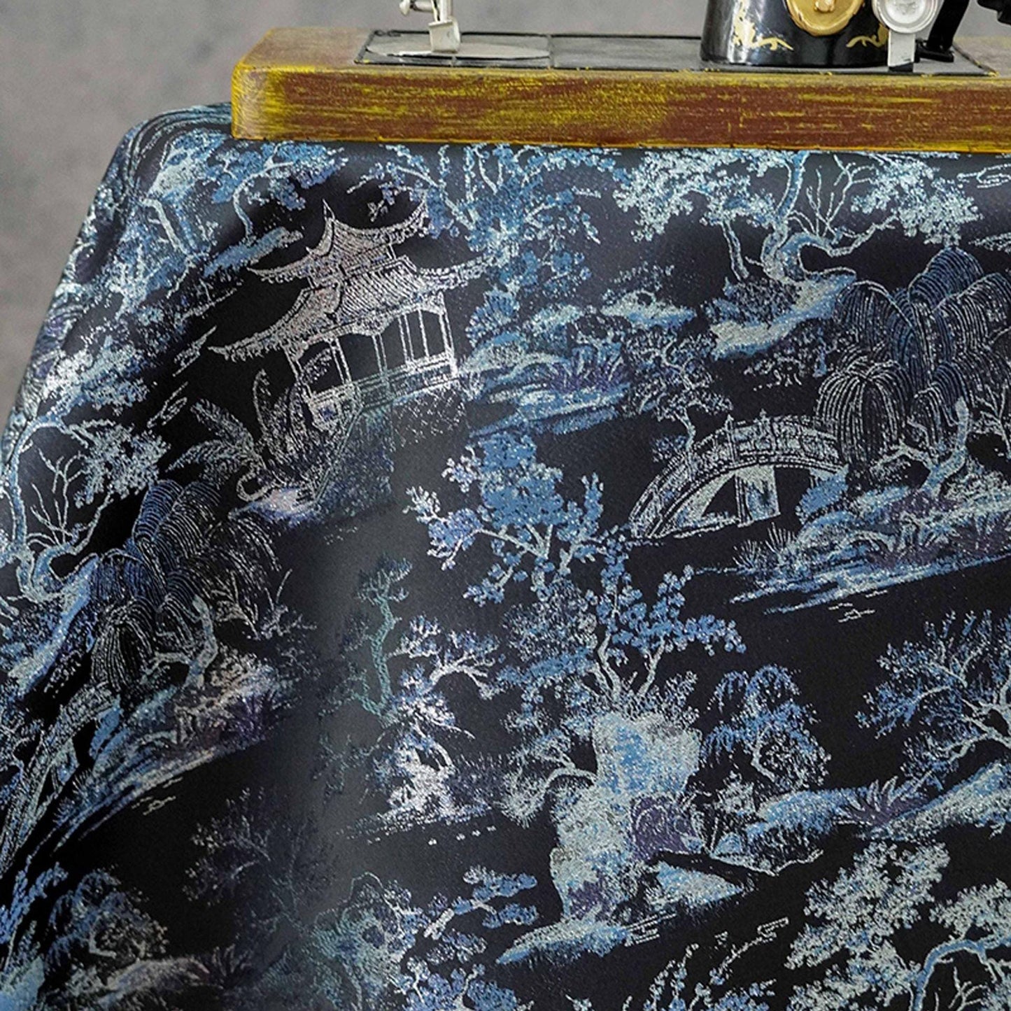Black Blue Pavilion Landscape Song Brocade Fabric, Yarn-Dyed Jacquard Textile for Qipao, Jackets, Bags, Decor and Sewing, 59"Wide