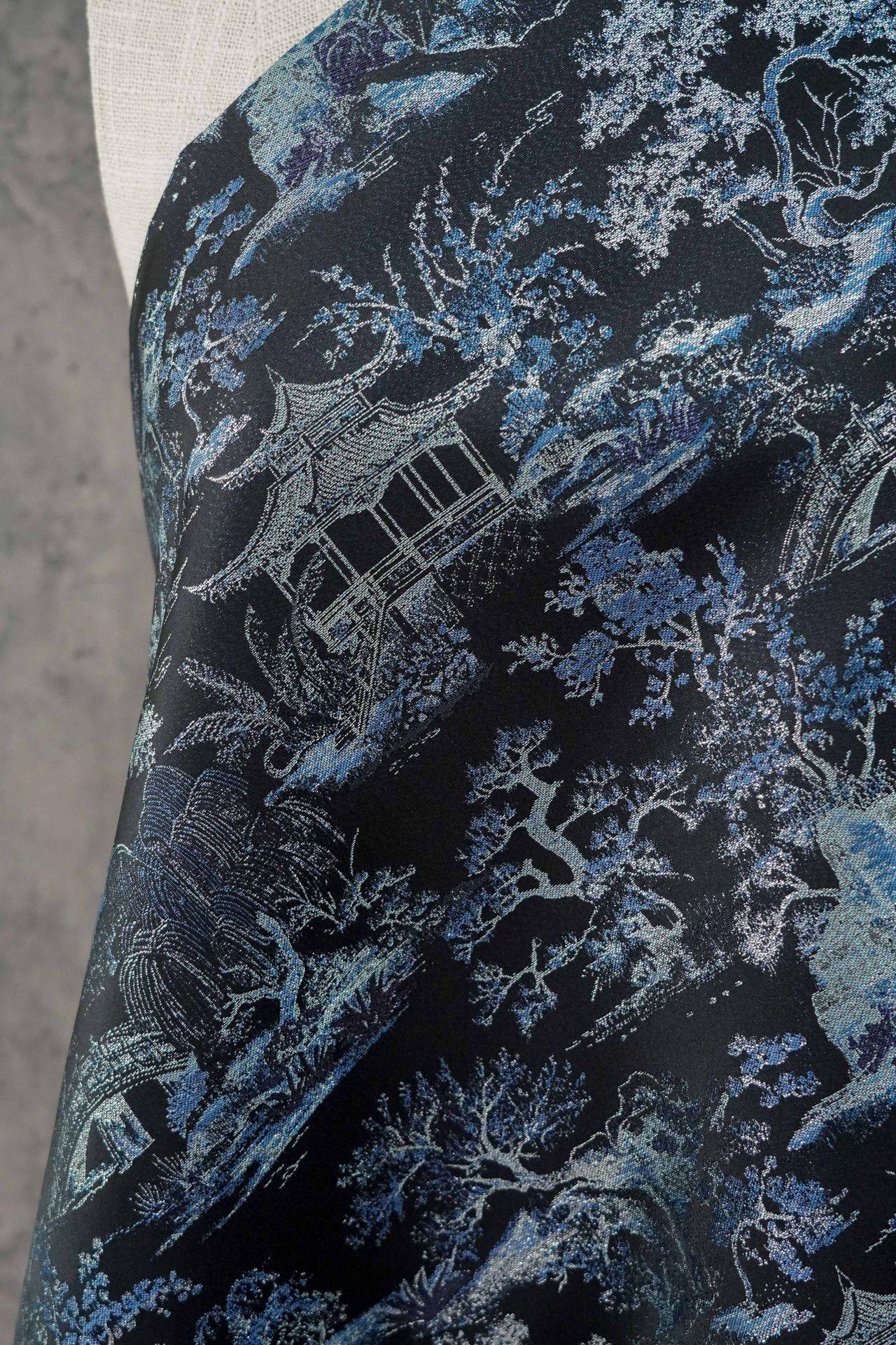 Black Blue Pavilion Landscape Song Brocade Fabric, Yarn-Dyed Jacquard Textile for Qipao, Jackets, Bags, Decor and Sewing, 59"Wide